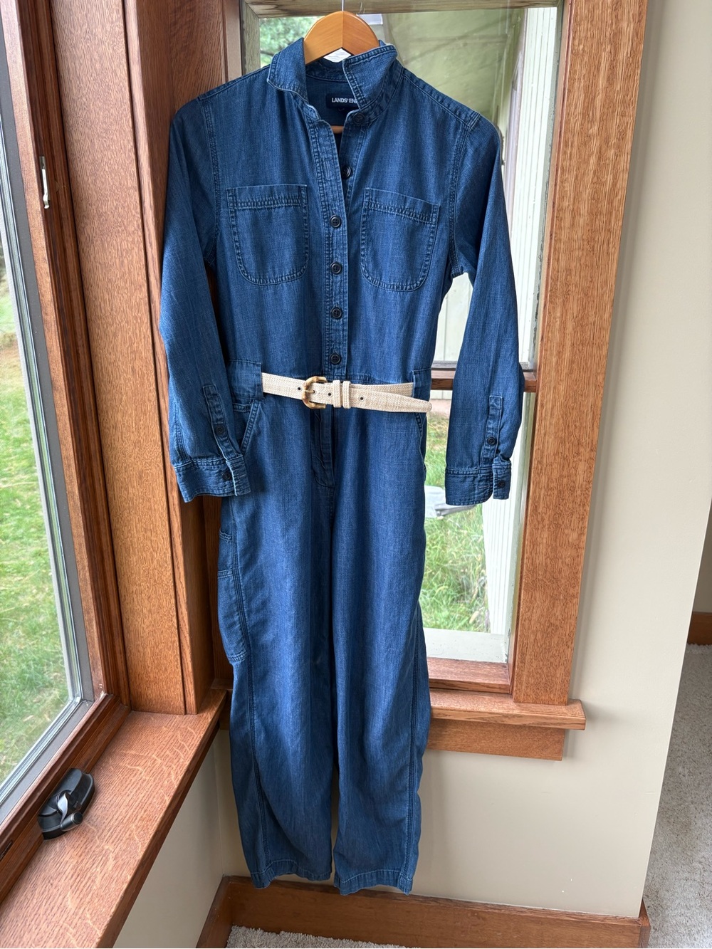 Lands End Denim Jumpsuit Lightweight Cargo Pockets Button & Side Zip Size 4